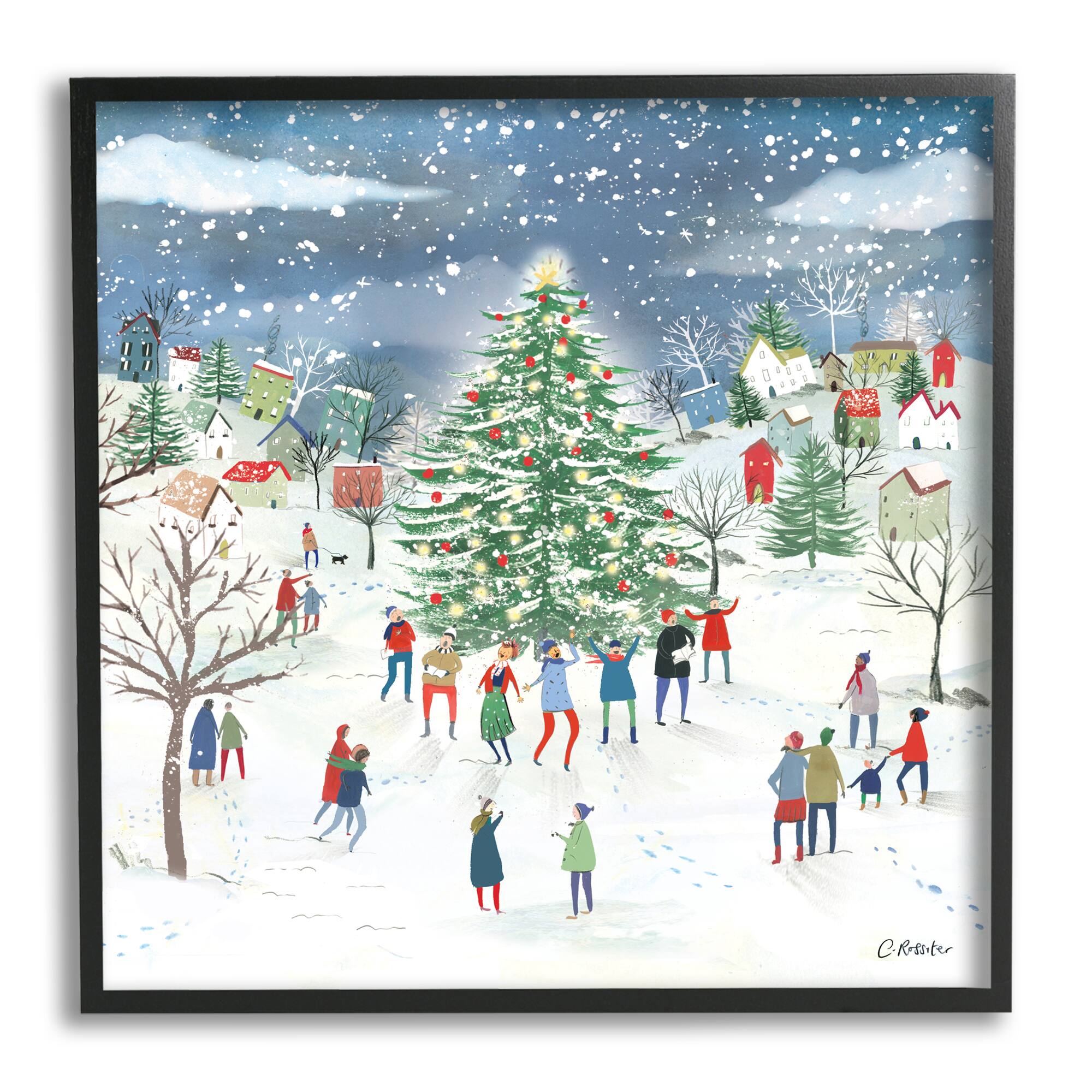 Stupell Industries Town Christmas Tree Celebration Framed Giclee Art